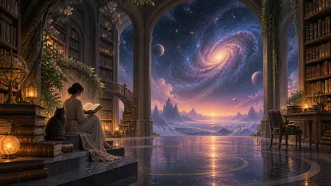 Dreamlike library opening onto a galaxy – surrealist fine-art illustration Frame TV art