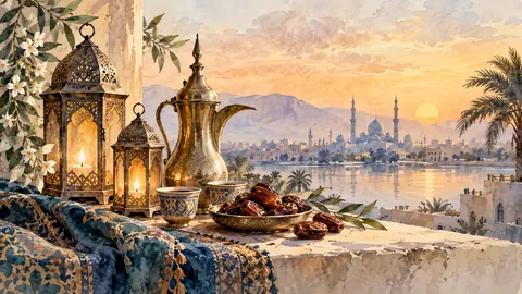 Eid dates and coffee beside decorative lanterns – elegant watercolor Frame TV art