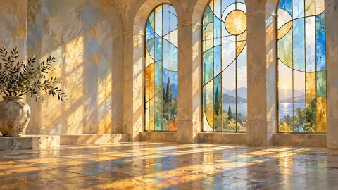 Sunlight through simple stained glass without figures – luminous contemplative oil Frame TV art