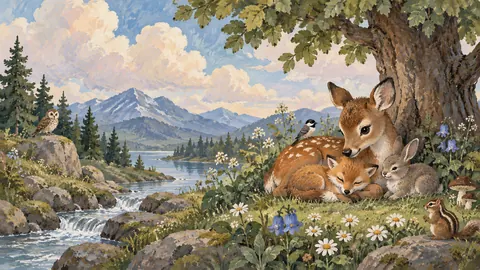 Gentle woodland animals beneath clouds for a nursery – decorative gouache keepsake composition Frame TV art