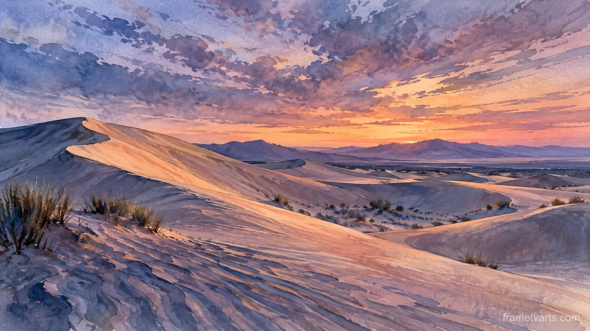 Wind-sculpted sand dunes under high clouds – loose watercolor Samsung Frame TV art, 4K