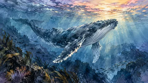 Humpback whale beneath a luminous sea surface – loose watercolor Frame TV art