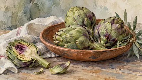 Artichokes and an earthenware plate – watercolor still life Frame TV art