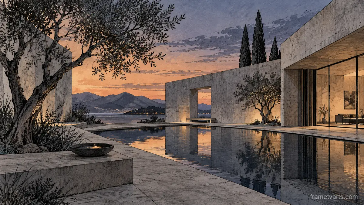 Modern concrete courtyard with reflecting pool – architectural ink drawing Samsung Frame TV art, 4K