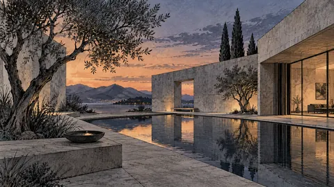 Modern concrete courtyard with reflecting pool – architectural ink drawing Frame TV art