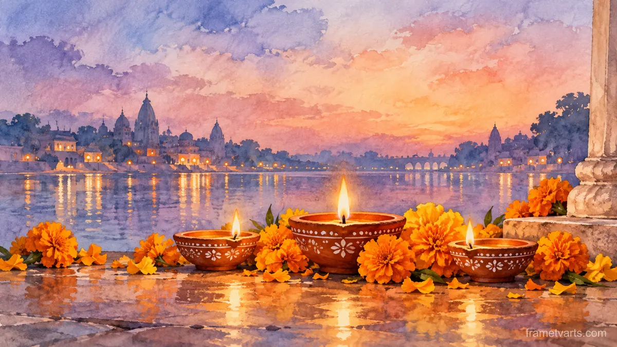 Diwali clay diyas surrounded by marigolds – elegant watercolor Samsung Frame TV art, 4K