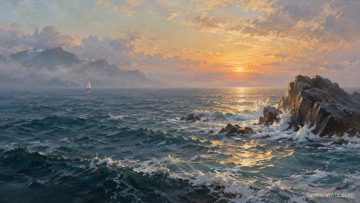 Open sea and distant horizon in soft mist – luminous contemplative oil Samsung Frame TV art, 4K