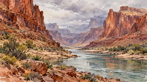 Red canyon and a narrow desert river – loose watercolor Frame TV art