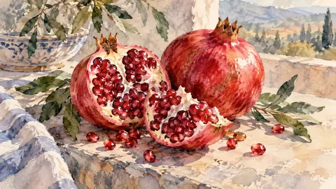 Pomegranate split beside whole fruit – watercolor still life Frame TV art