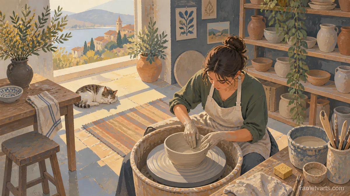 Potter shaping a bowl at a wheel – vintage-style gouache illustration Samsung Frame TV art, 4K