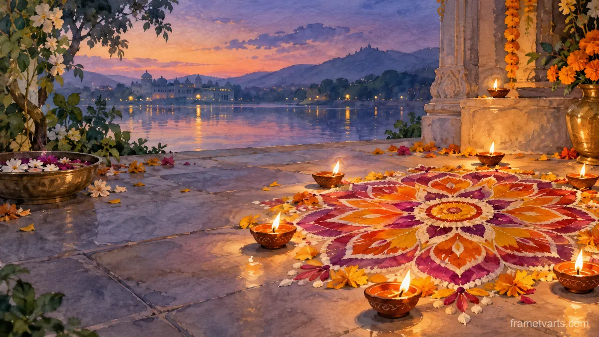 Diwali symmetrical floral rangoli beside oil lamps – elegant watercolor Samsung Frame TV art, 4K