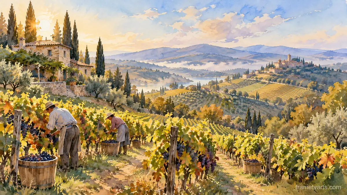 Rolling vineyard hills at harvest – loose watercolor Samsung Frame TV art, 4K