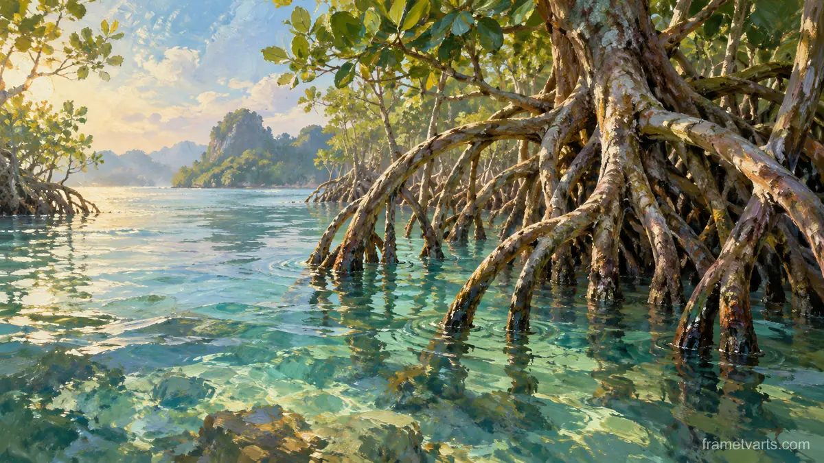 Mangrove roots above luminous water – atmospheric oil painting Samsung Frame TV art, 4K