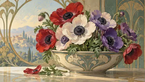 Anemones arranged in a shallow bowl – decorative art nouveau painting Frame TV art