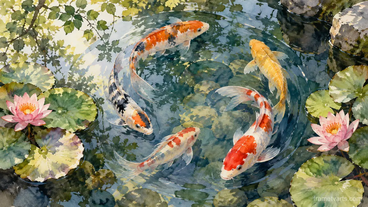 Koi fish circling among pond reflections – loose watercolor Samsung Frame TV art, 4K