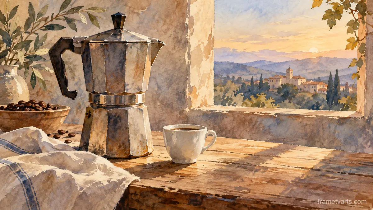 Coffee pot and a small plain porcelain cup – watercolor still life Samsung Frame TV art, 4K