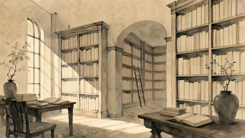 Library with tall shelves of unmarked books – architectural ink drawing Frame TV art