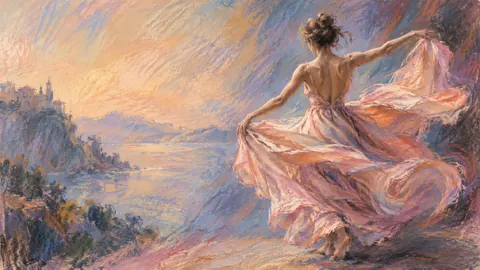 Anonymous dancer in a flowing dress seen from behind – loose pastel drawing Frame TV art