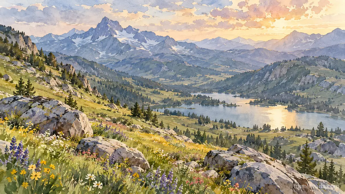 Alpine meadow with scattered boulders – loose watercolor Samsung Frame TV art, 4K