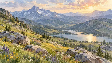 Alpine meadow with scattered boulders – loose watercolor Frame TV art