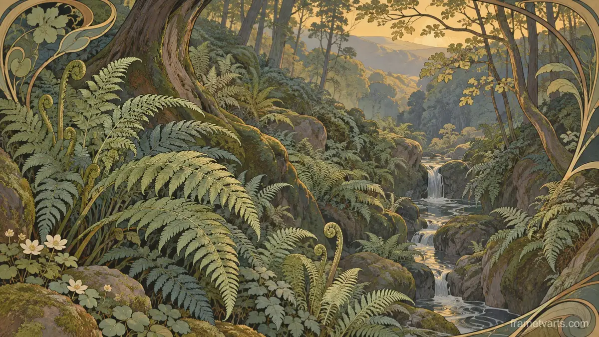 Fern fronds in a shaded woodland hollow – decorative art nouveau painting Samsung Frame TV art, 4K