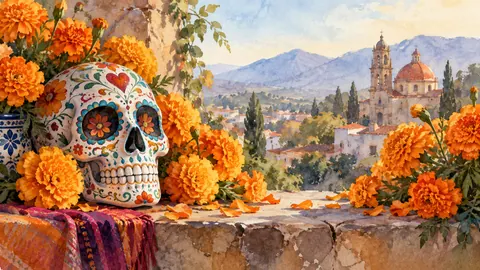Dia de los Muertos marigolds and an original decorated calavera – elegant watercolor Frame TV art