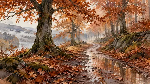 Wet woodland path among copper beeches – loose watercolor Frame TV art