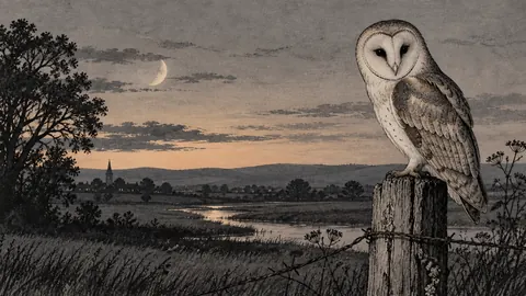 Barn owl on a weathered fence post – restrained ink illustration Frame TV art