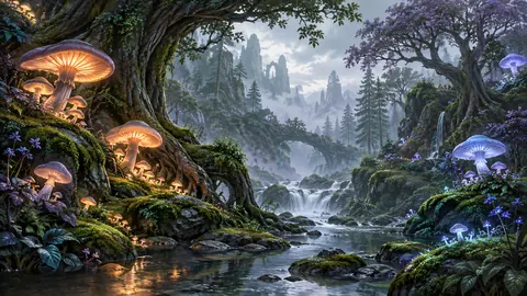 Enchanted forest with luminous mushrooms – luminous digital painting Frame TV art