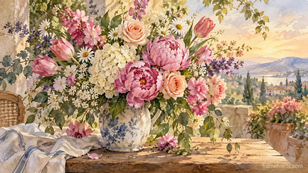 Mother's Day abundant garden bouquet without text – elegant watercolor Samsung Frame TV art, 4K