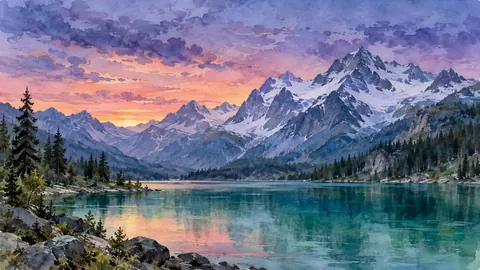 Emerald lake below snow peaks – loose watercolor Frame TV art