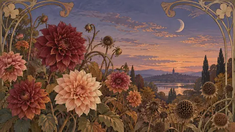 Dahlias and seed heads in autumn garden – decorative art nouveau painting Frame TV art