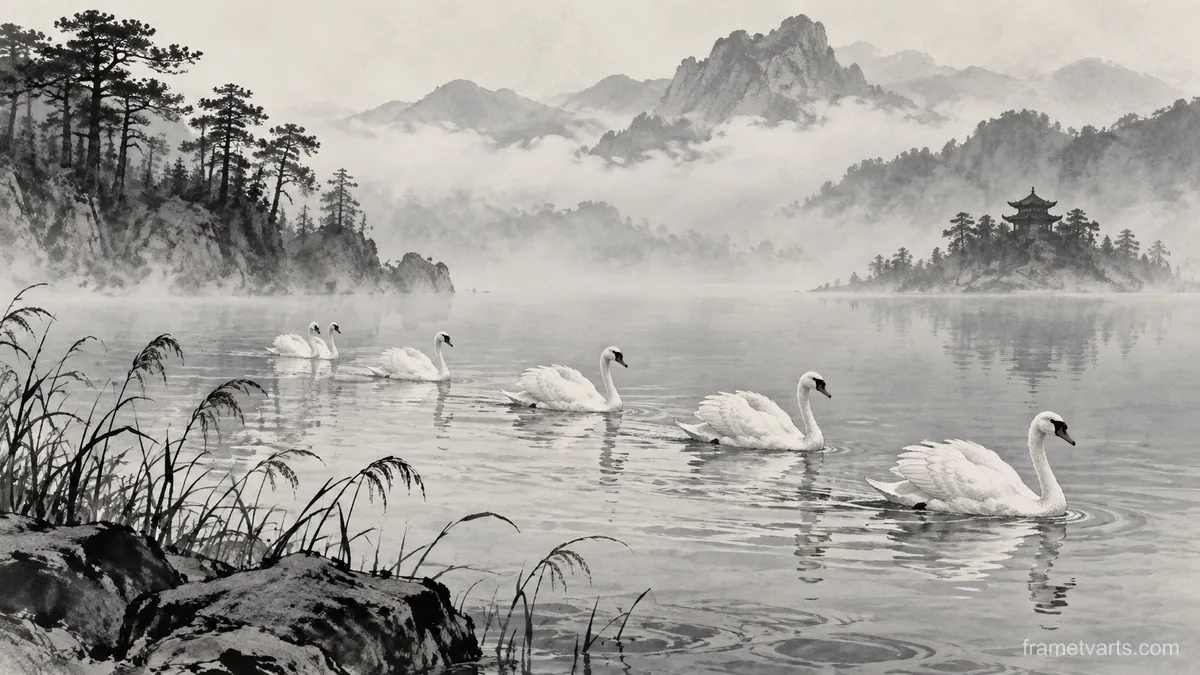 White swans crossing a misty lake – restrained ink illustration Samsung Frame TV art, 4K