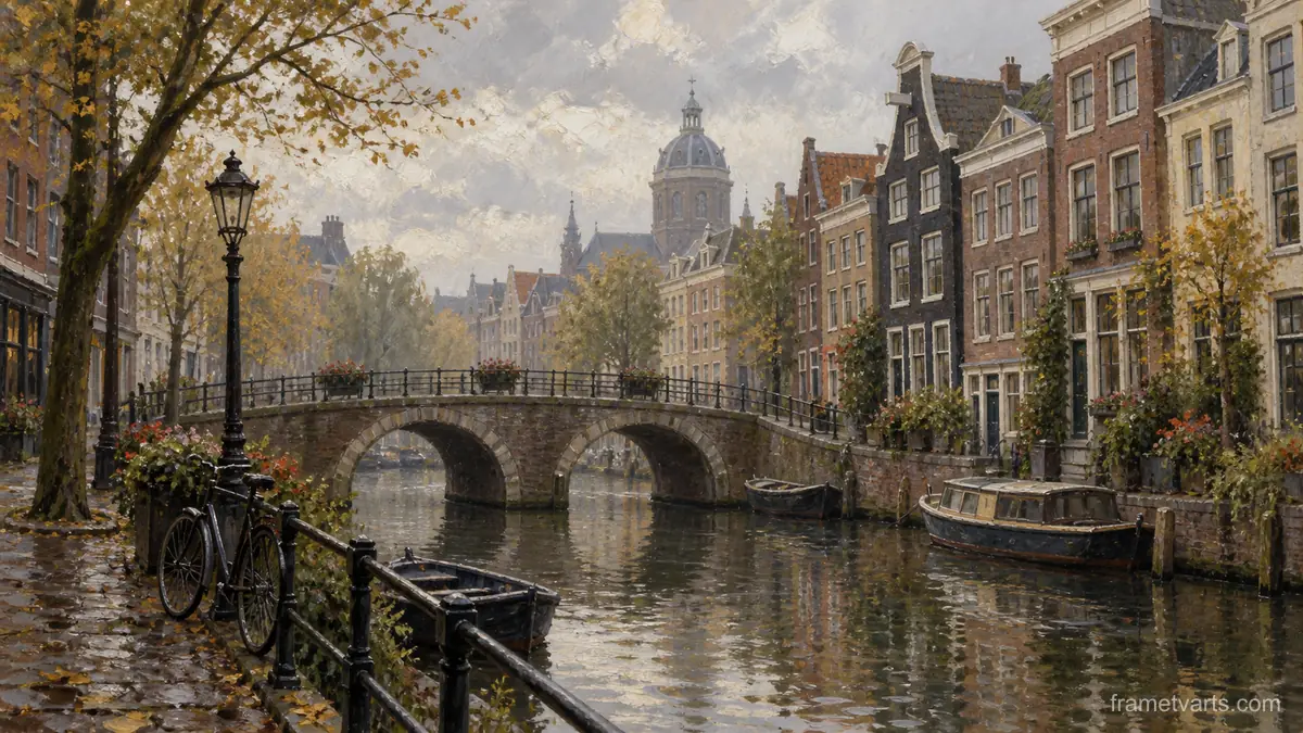 Canal houses beside a narrow stone bridge – atmospheric oil painting Samsung Frame TV art, 4K