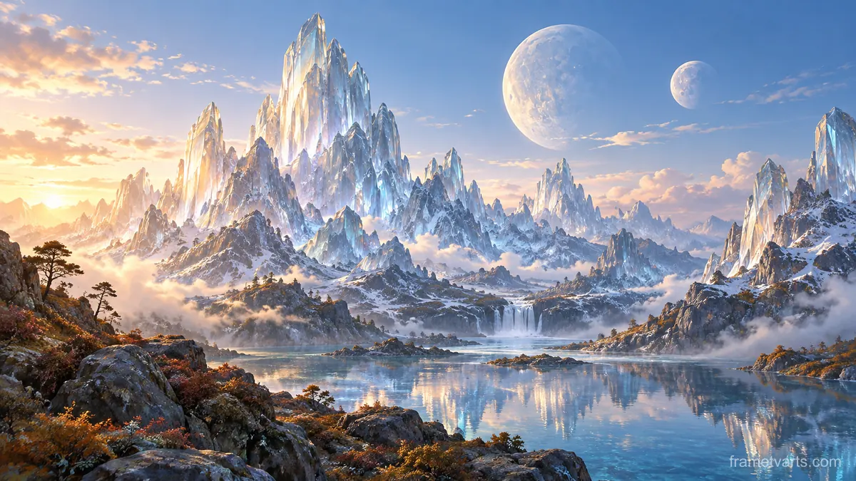 Glasslike mountain peaks below twin moons – luminous digital painting Samsung Frame TV art, 4K