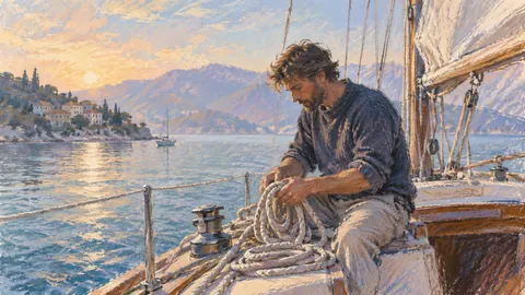 Sailor preparing ropes on a quiet boat – loose pastel drawing Frame TV art