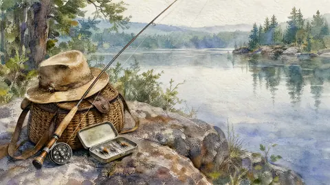Father's Day fishing equipment beside a quiet lake – elegant watercolor Frame TV art