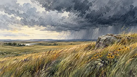 Prairie grass rippling beneath storm clouds – loose watercolor Frame TV art
