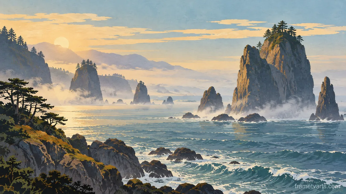 Sea stacks emerging through morning mist – vintage travel illustration without text Samsung Frame TV art, 4K