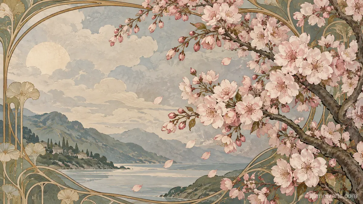 Cherry blossom branches across an open sky – decorative art nouveau painting Samsung Frame TV art, 4K
