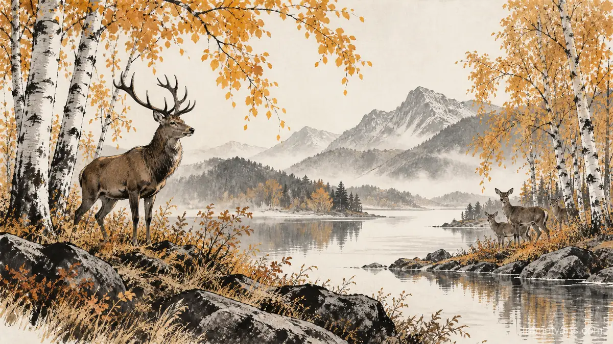 Red deer beneath autumn birches – restrained ink illustration Samsung Frame TV art, 4K