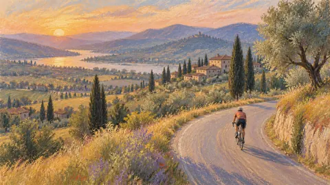 Cyclist on a winding country road – loose pastel drawing Frame TV art