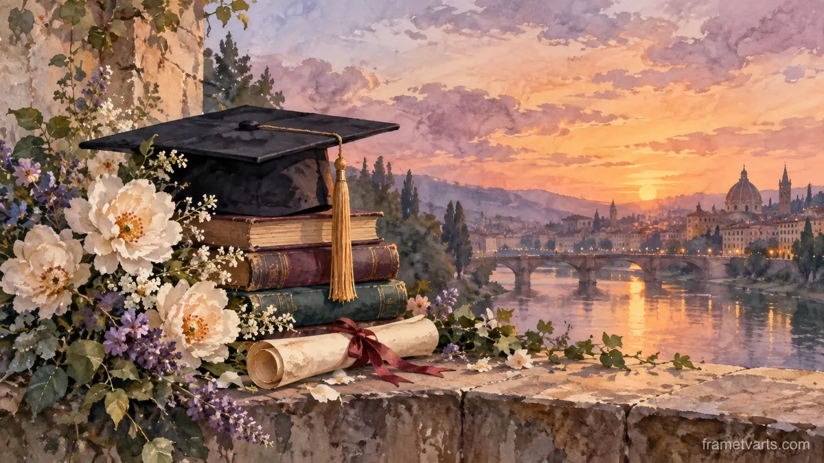 Graduation plain cap with books and flowers – elegant watercolor Samsung Frame TV art, 4K