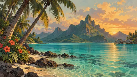 Tropical lagoon beneath leaning palms – vintage travel illustration without text Frame TV art