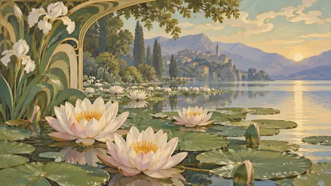 Water lilies floating among broad leaves – decorative art nouveau painting Frame TV art