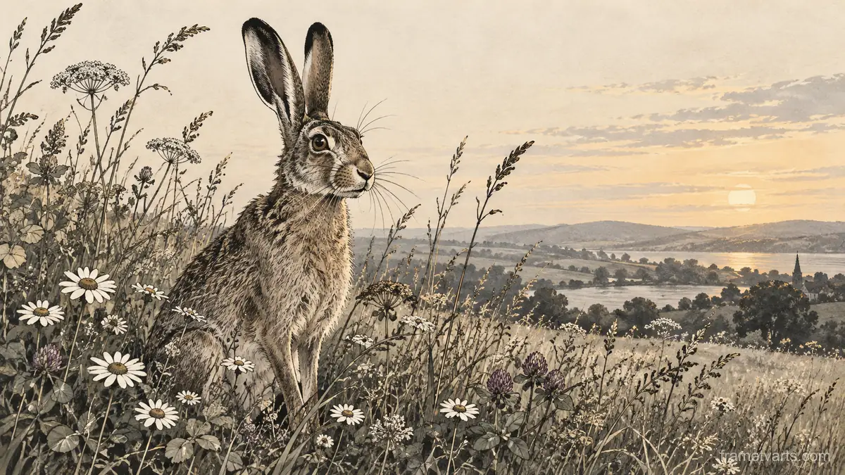 Hare among flowering meadow grasses – restrained ink illustration Samsung Frame TV art, 4K