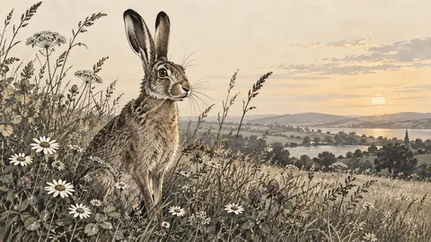 Hare among flowering meadow grasses – restrained ink illustration Frame TV art