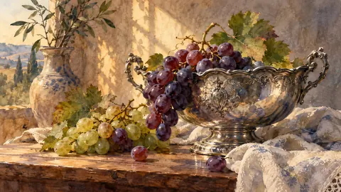 Grapes beside an antique silver bowl – watercolor still life Frame TV art