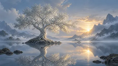 Silver tree growing from a still lake – luminous digital painting Frame TV art