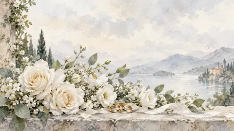 Wedding white florals and two interlocking plain rings – elegant watercolor Frame TV art